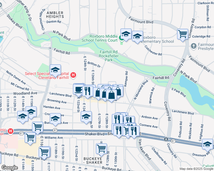 map of restaurants, bars, coffee shops, grocery stores, and more near 2500 Kemper Road in Shaker Heights