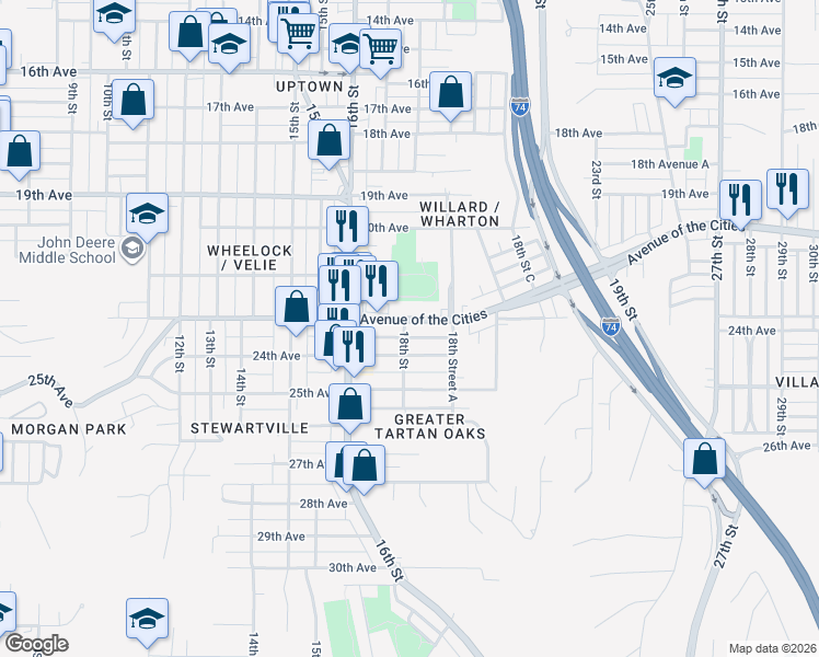 map of restaurants, bars, coffee shops, grocery stores, and more near 1801 Avenue of the Cities in Moline