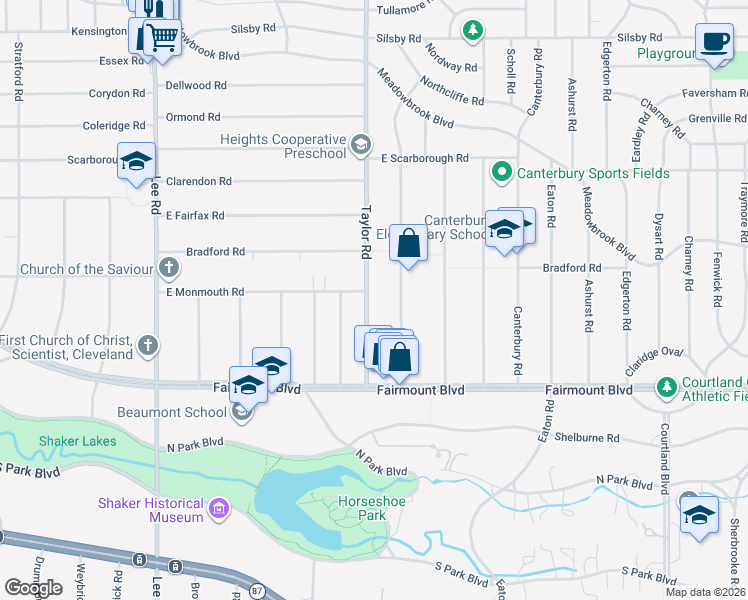 map of restaurants, bars, coffee shops, grocery stores, and more near 2552 Queenston Road in Cleveland Heights