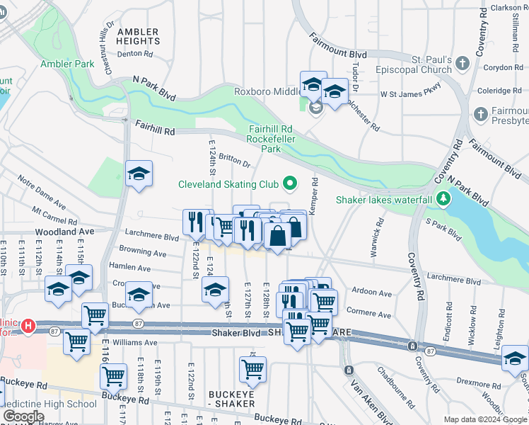 map of restaurants, bars, coffee shops, grocery stores, and more near 2548 Kendall Rd in Cleveland