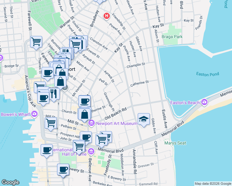 map of restaurants, bars, coffee shops, grocery stores, and more near 71 Ayrault Street in Newport