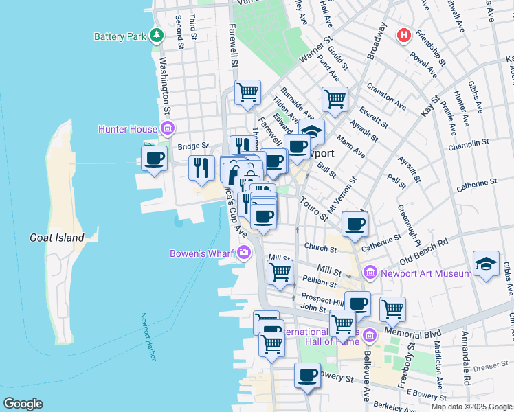 map of restaurants, bars, coffee shops, grocery stores, and more near 21 Long Wharf Mall in Newport
