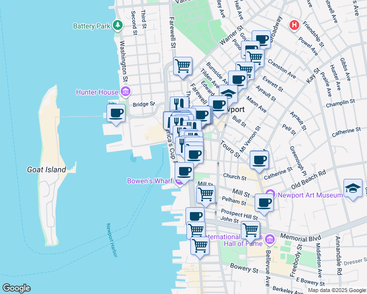 map of restaurants, bars, coffee shops, grocery stores, and more near 21 Long Wharf Mall in Newport
