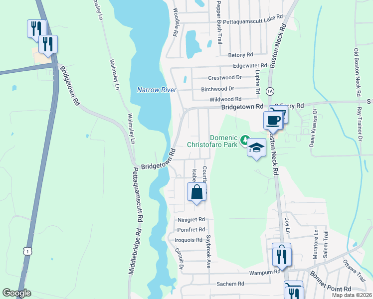 map of restaurants, bars, coffee shops, grocery stores, and more near 136 Bridgetown Road in Narragansett