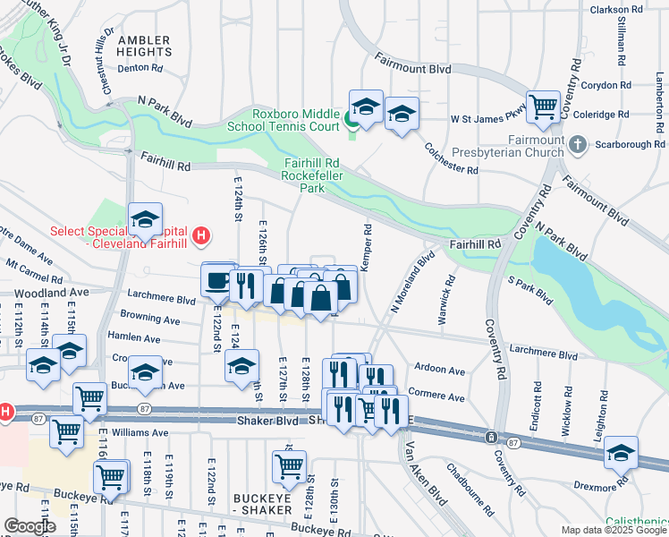 map of restaurants, bars, coffee shops, grocery stores, and more near 2500 Kemper Road in Shaker Heights