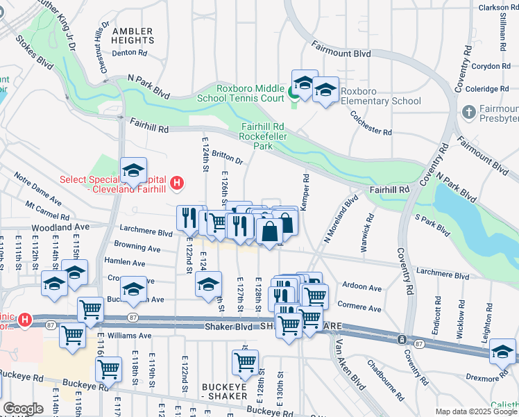 map of restaurants, bars, coffee shops, grocery stores, and more near 2500 Kemper Road in Shaker Heights