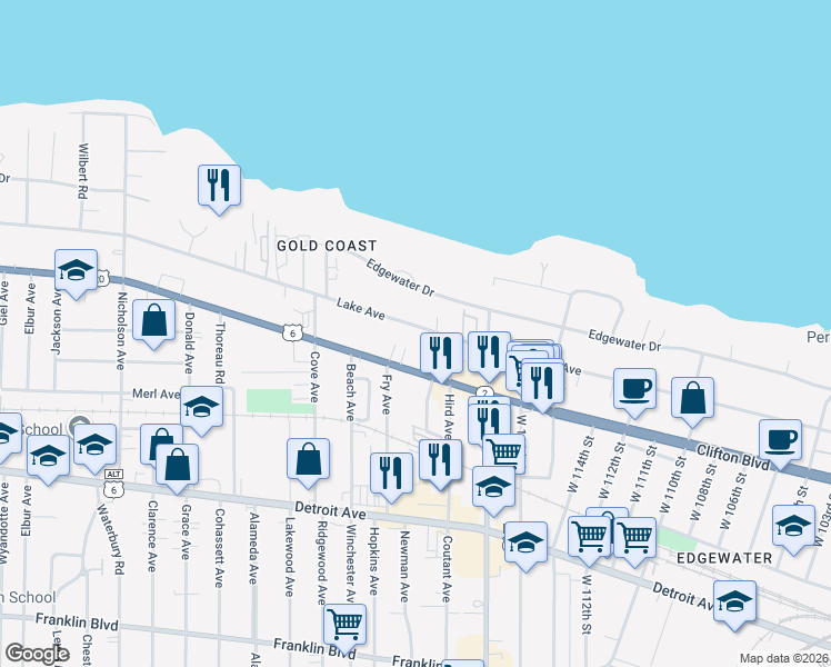 map of restaurants, bars, coffee shops, grocery stores, and more near in Lakewood