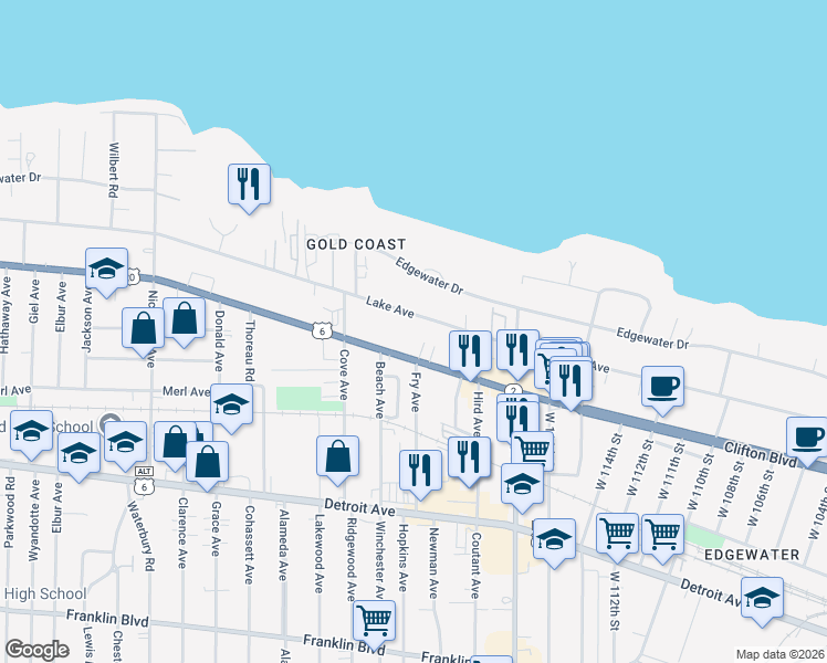 map of restaurants, bars, coffee shops, grocery stores, and more near 12002 Lake Avenue in Lakewood