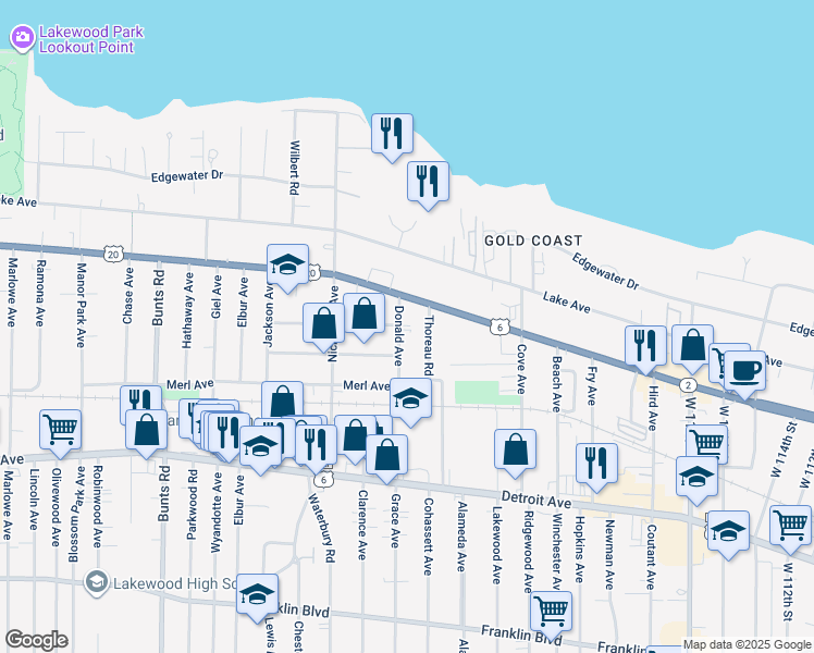 map of restaurants, bars, coffee shops, grocery stores, and more near 12925 Clifton Boulevard in Lakewood