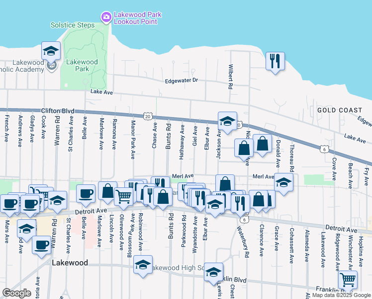 map of restaurants, bars, coffee shops, grocery stores, and more near 1232 Giel Avenue in Lakewood