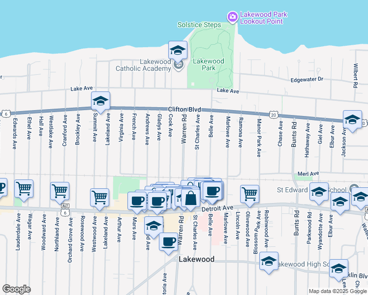 map of restaurants, bars, coffee shops, grocery stores, and more near 1224 Warren Road in Lakewood