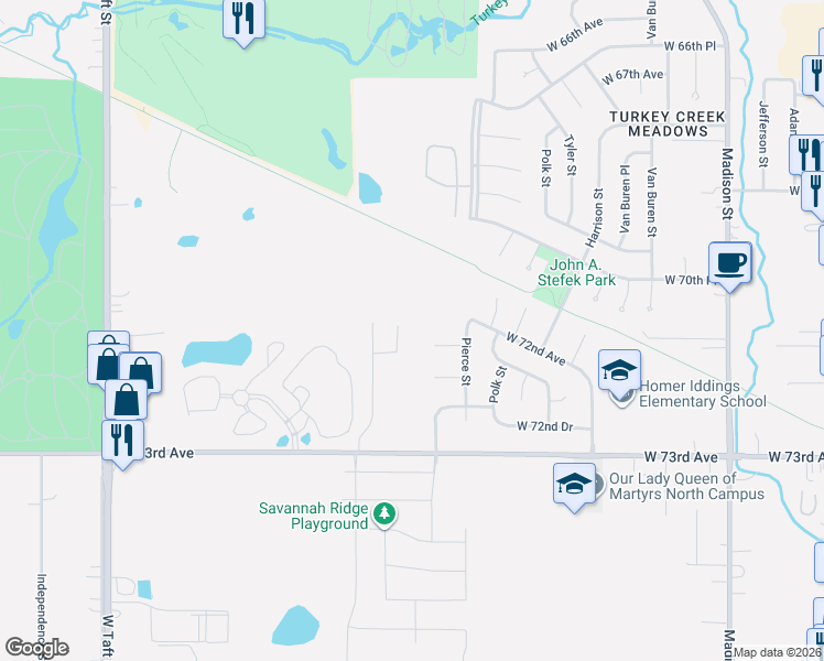 map of restaurants, bars, coffee shops, grocery stores, and more near 1150 West 72nd Circle in Merrillville