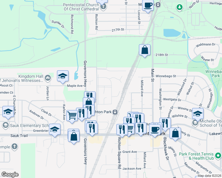 map of restaurants, bars, coffee shops, grocery stores, and more near 1084 Euclid Lane in Richton Park