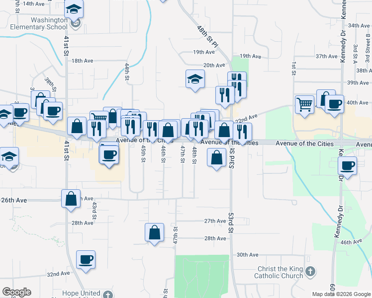 map of restaurants, bars, coffee shops, grocery stores, and more near 4710-4760 Avenue of the Cities in Moline