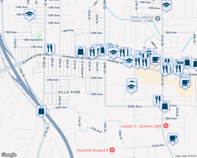 map of restaurants, bars, coffee shops, grocery stores, and more near 2402 33rd Street in Moline