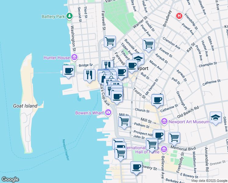 map of restaurants, bars, coffee shops, grocery stores, and more near 21 Long Wharf Mall in Newport