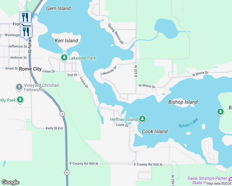 map of restaurants, bars, coffee shops, grocery stores, and more near 725 Lakeside Drive in Rome City