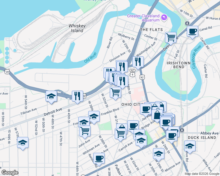 map of restaurants, bars, coffee shops, grocery stores, and more near 2908 Church Avenue in Cleveland