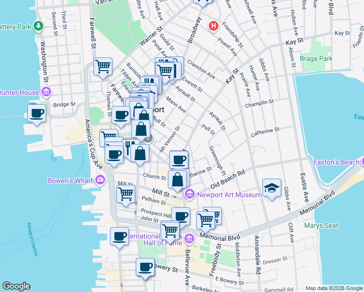 map of restaurants, bars, coffee shops, grocery stores, and more near 20 Kay Street in Newport