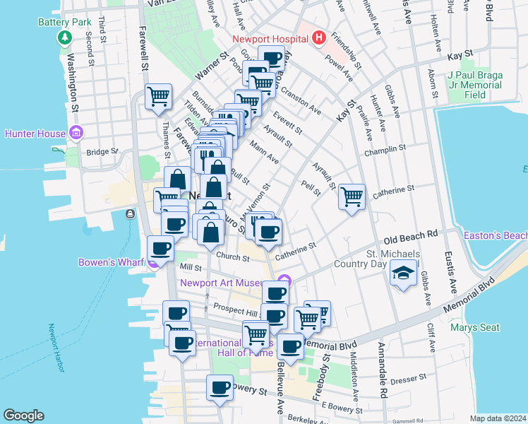 map of restaurants, bars, coffee shops, grocery stores, and more near 41 Sherman Street in Newport