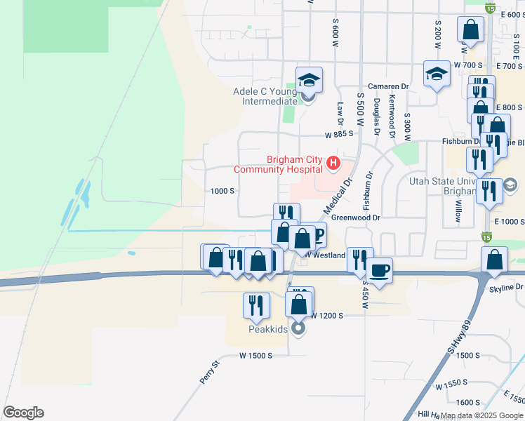 map of restaurants, bars, coffee shops, grocery stores, and more near 860 West 1025 South in Brigham City
