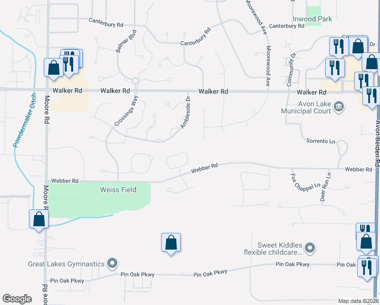 map of restaurants, bars, coffee shops, grocery stores, and more near 558 Hyannis Port Circle in Avon Lake