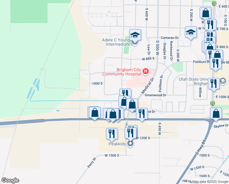 map of restaurants, bars, coffee shops, grocery stores, and more near 860 West 1025 South in Brigham City