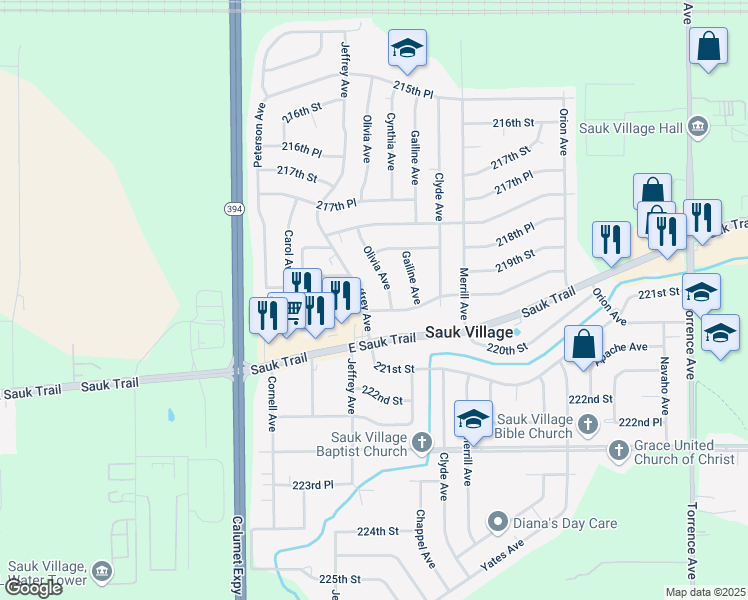 map of restaurants, bars, coffee shops, grocery stores, and more near 21906 Olivia Avenue in Sauk Village