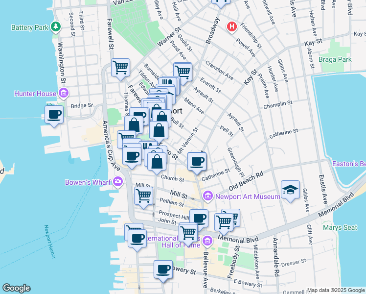 map of restaurants, bars, coffee shops, grocery stores, and more near 20 Mount Vernon Street in Newport