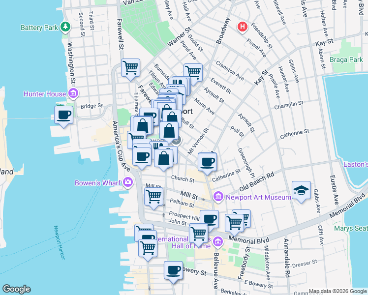 map of restaurants, bars, coffee shops, grocery stores, and more near 3 Russo Court in Newport