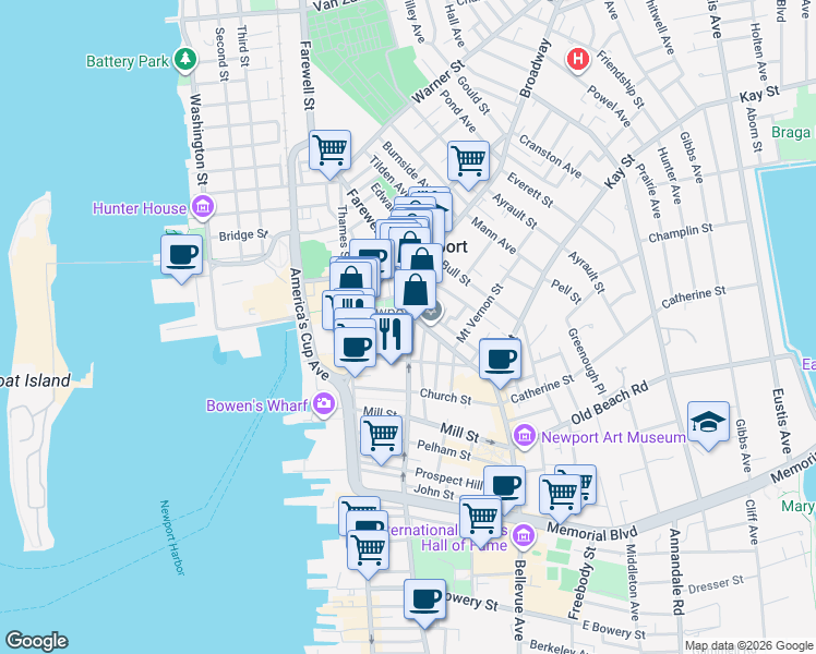 map of restaurants, bars, coffee shops, grocery stores, and more near 45 Washington Square in Newport