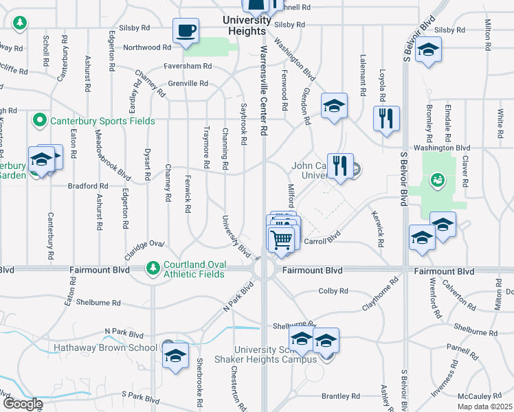 map of restaurants, bars, coffee shops, grocery stores, and more near 2556 Warrensville Center Road in Cleveland