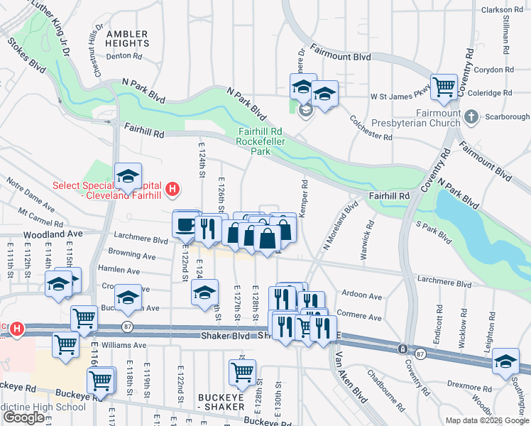 map of restaurants, bars, coffee shops, grocery stores, and more near 2500 Kemper Road in Shaker Heights