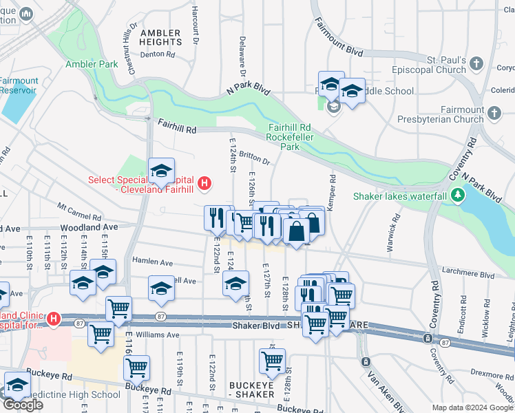 map of restaurants, bars, coffee shops, grocery stores, and more near 2512 East 126th Street in Cleveland
