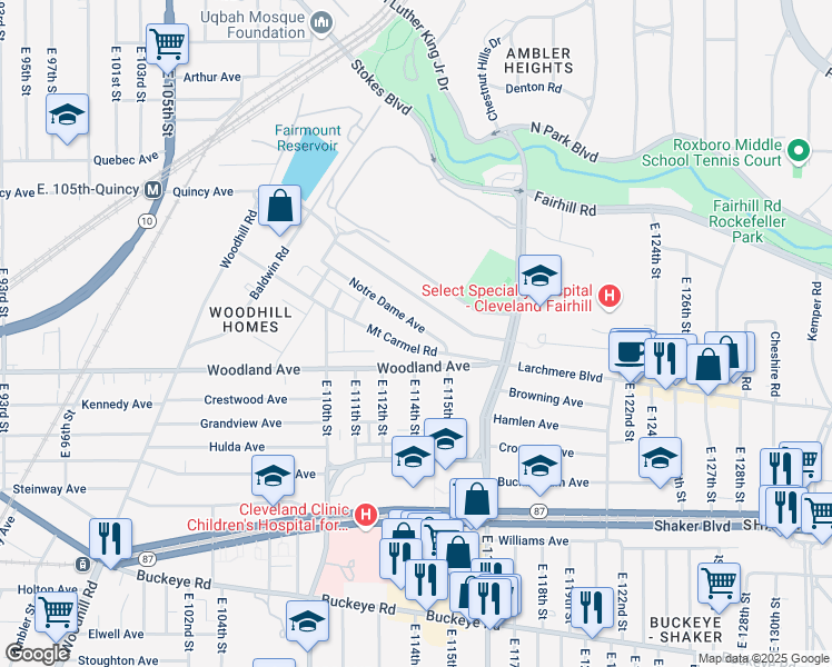 map of restaurants, bars, coffee shops, grocery stores, and more near 11221 Notre Dame Avenue in Cleveland