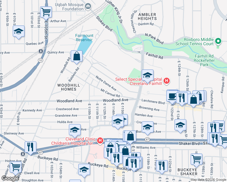 map of restaurants, bars, coffee shops, grocery stores, and more near 11221 Notre Dame Avenue in Cleveland