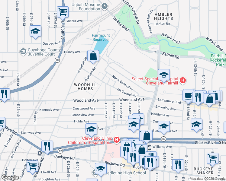 map of restaurants, bars, coffee shops, grocery stores, and more near 2505 East 111th Street in Cleveland