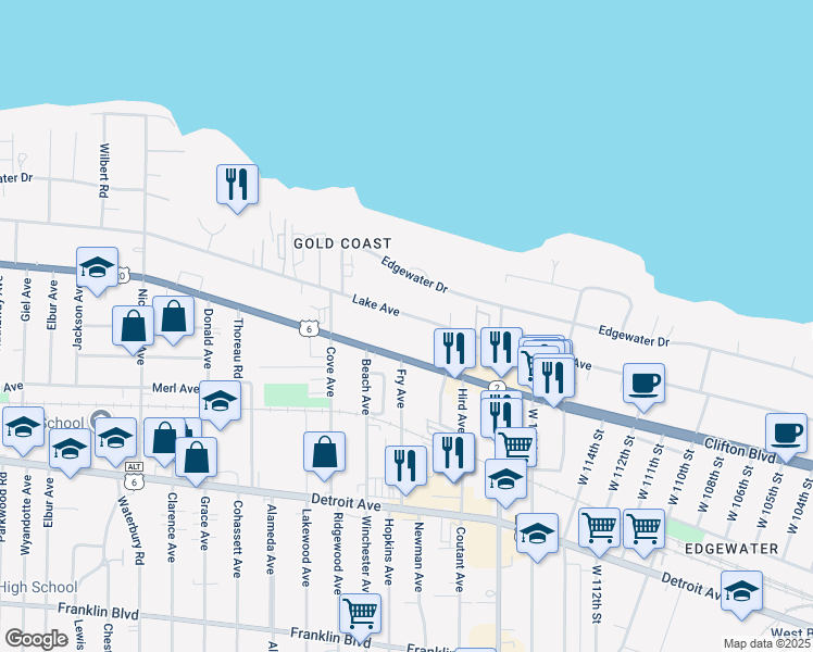 map of restaurants, bars, coffee shops, grocery stores, and more near 12002 Lake Avenue in Lakewood