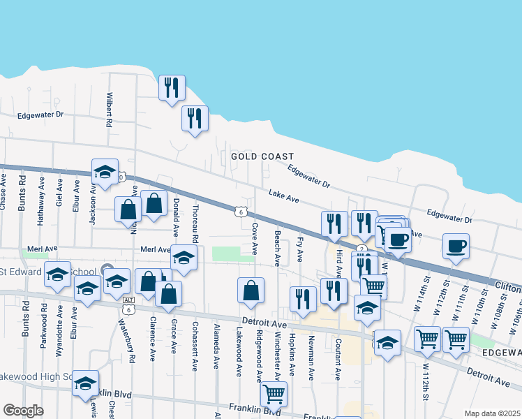 map of restaurants, bars, coffee shops, grocery stores, and more near 12525 Lake Avenue in Lakewood