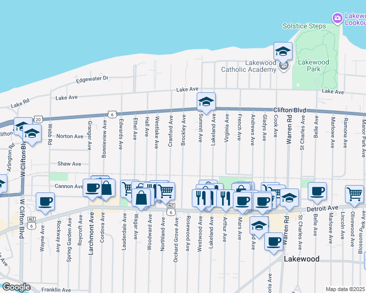 map of restaurants, bars, coffee shops, grocery stores, and more near 1227 Brockley Avenue in Lakewood