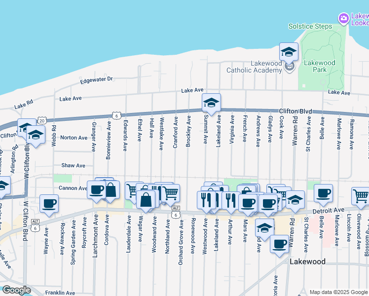 map of restaurants, bars, coffee shops, grocery stores, and more near 1227 Brockley Avenue in Lakewood