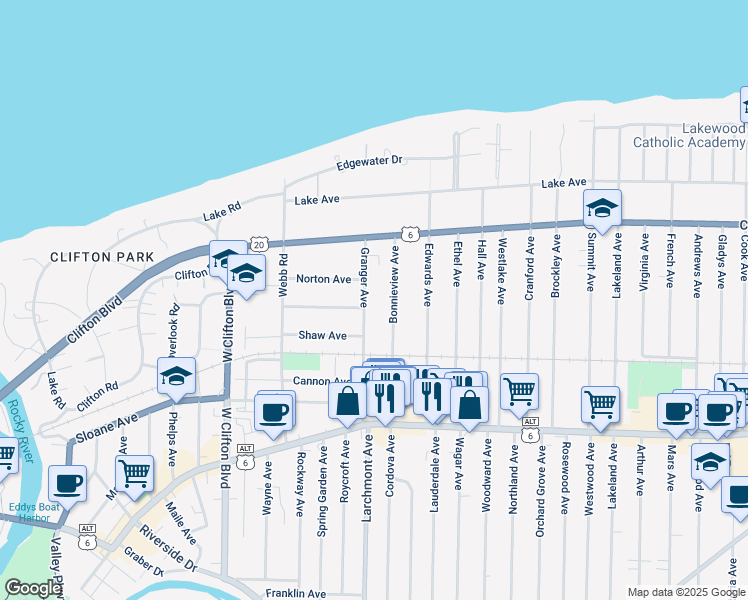map of restaurants, bars, coffee shops, grocery stores, and more near 1230 Bonnieview Avenue in Lakewood