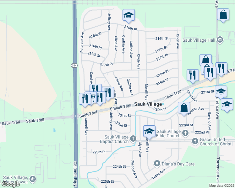 map of restaurants, bars, coffee shops, grocery stores, and more near 21906 Olivia Avenue in Sauk Village