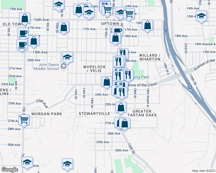 map of restaurants, bars, coffee shops, grocery stores, and more near 1508-1510 23rd Avenue in Moline