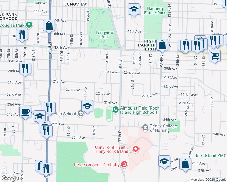 map of restaurants, bars, coffee shops, grocery stores, and more near in Rock Island