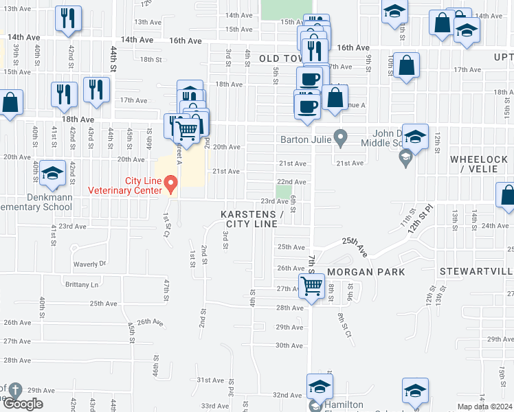 map of restaurants, bars, coffee shops, grocery stores, and more near 2308 4th Street in Moline