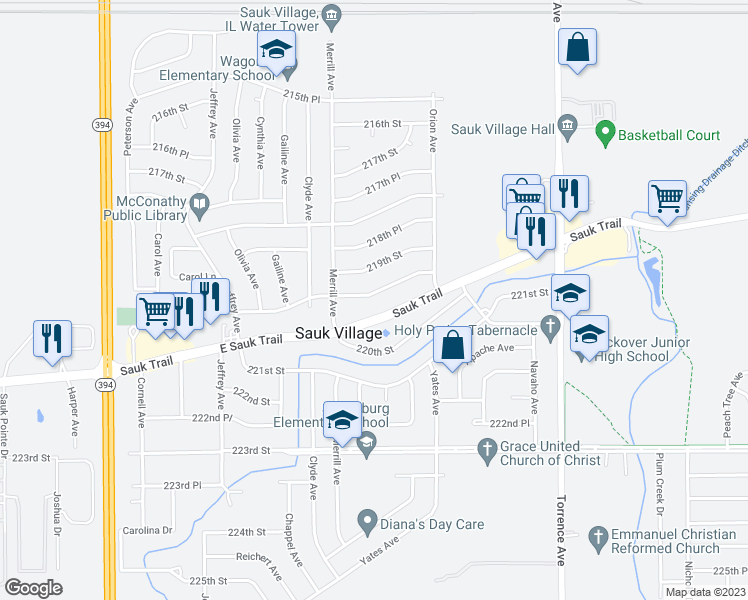 map of restaurants, bars, coffee shops, grocery stores, and more near 2042 219th Place in Sauk Village