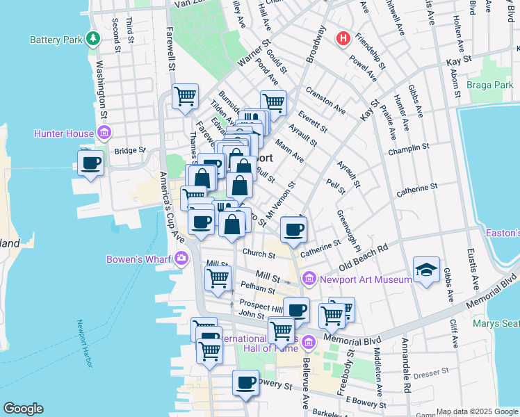 map of restaurants, bars, coffee shops, grocery stores, and more near 3 Russo Court in Newport