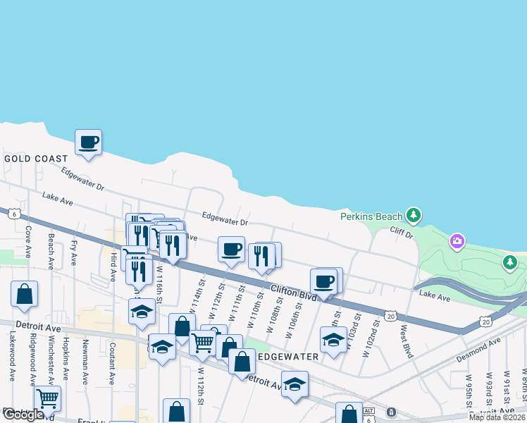 map of restaurants, bars, coffee shops, grocery stores, and more near 11006 Edgewater Dr in Cleveland