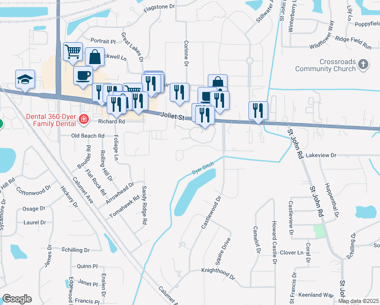 map of restaurants, bars, coffee shops, grocery stores, and more near 1463 Carriage Oaks Court in Dyer